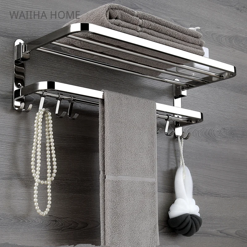 Stainless Steel Bath Towel Shelf Polished Folding Movable Bathroom Towel Rack Holder Storage Shelf Hook Accessories