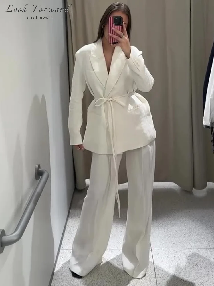 Conjuntos de pantalones elegantes de oficina para mujer, abrigo de solapa con cordones de manga larga, pantalones de pierna ancha, traje blanco de 2 piezas para ir al trabajo de primavera 2025