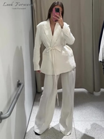 Elegant Blazer Pants Sets Women V-neck Lace up Jacket Full Sleeve Wide Leg Trousers Suit  Lady Spring Autumn Solid Set Female