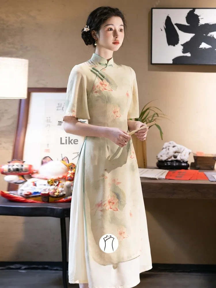 

Новое китайское платье-ципао в национальном стиле с цветочной вышивкой, дышащее, короткое, для чаепития