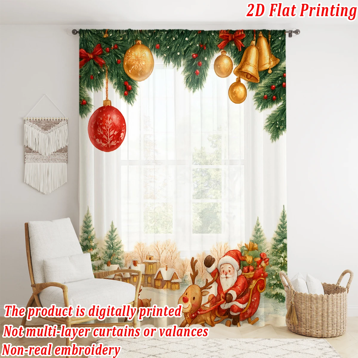 ستارة شفافة مطبوعة مسطحة لعيد الميلاد مع زخرفة سانتا كلوز لأشجار عيد الميلاد لغرفة المعيشة وغرفة النوم وحفلات العطلات