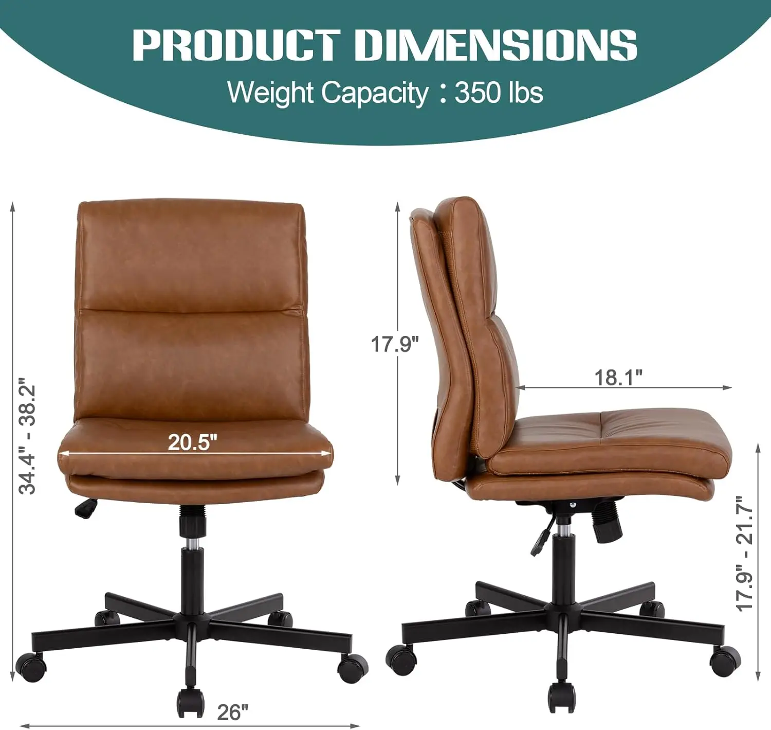 Armless Office Desk Chair with Wheels, Mid-Back Criss Cross Swivel Task Chair, Height Adjustable Cushioned Vanity Chair