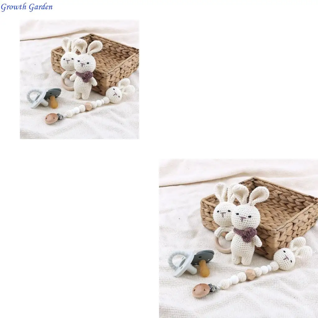 

3-in-1 Teething Toy for Baby Crochet Rabbit Dummy Chain Handbell Rattle for Babies Crib Pendant Safety Infant Toy E65D