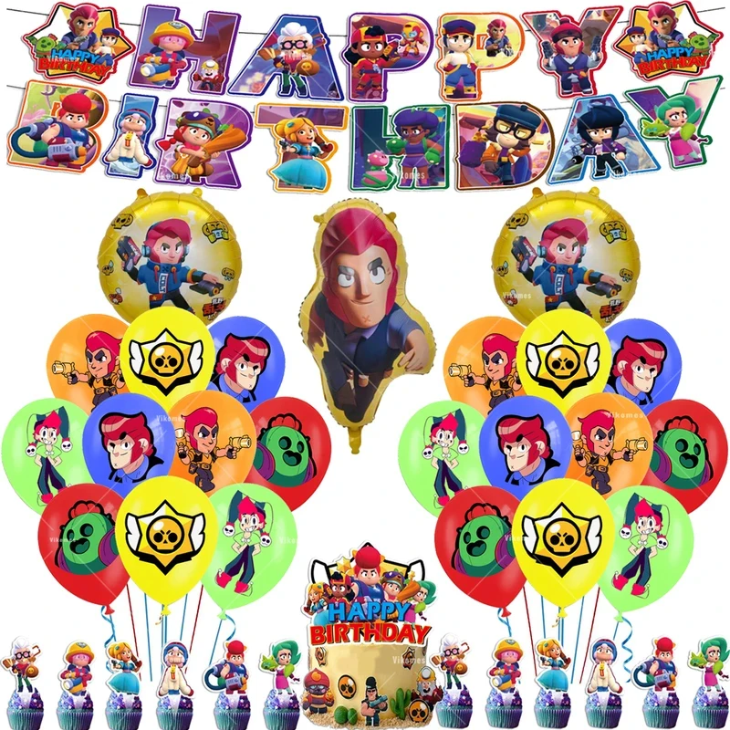Набор для вечеринки Brawl Stars: воздушные шары, баннер «С Днем Рождения», украшения для торта, одноразовая посуда, брелоки