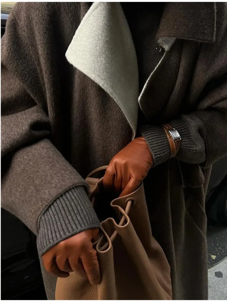 

Elegant Patchwork Woolen Long Coat Women Fashion Lapel Long Sleeve Buttons Pocket Overcoats 2025 Autumn New Lady Office Outwears