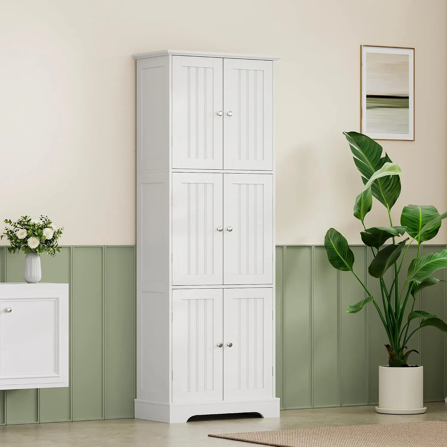 Tall Bathroom Storage Cabinet With Six Doors Freestanding Floor Cabinet With Adjustable Shelves White Pantry Cabinet For Bathroom Kitchen Laundry Room view 2