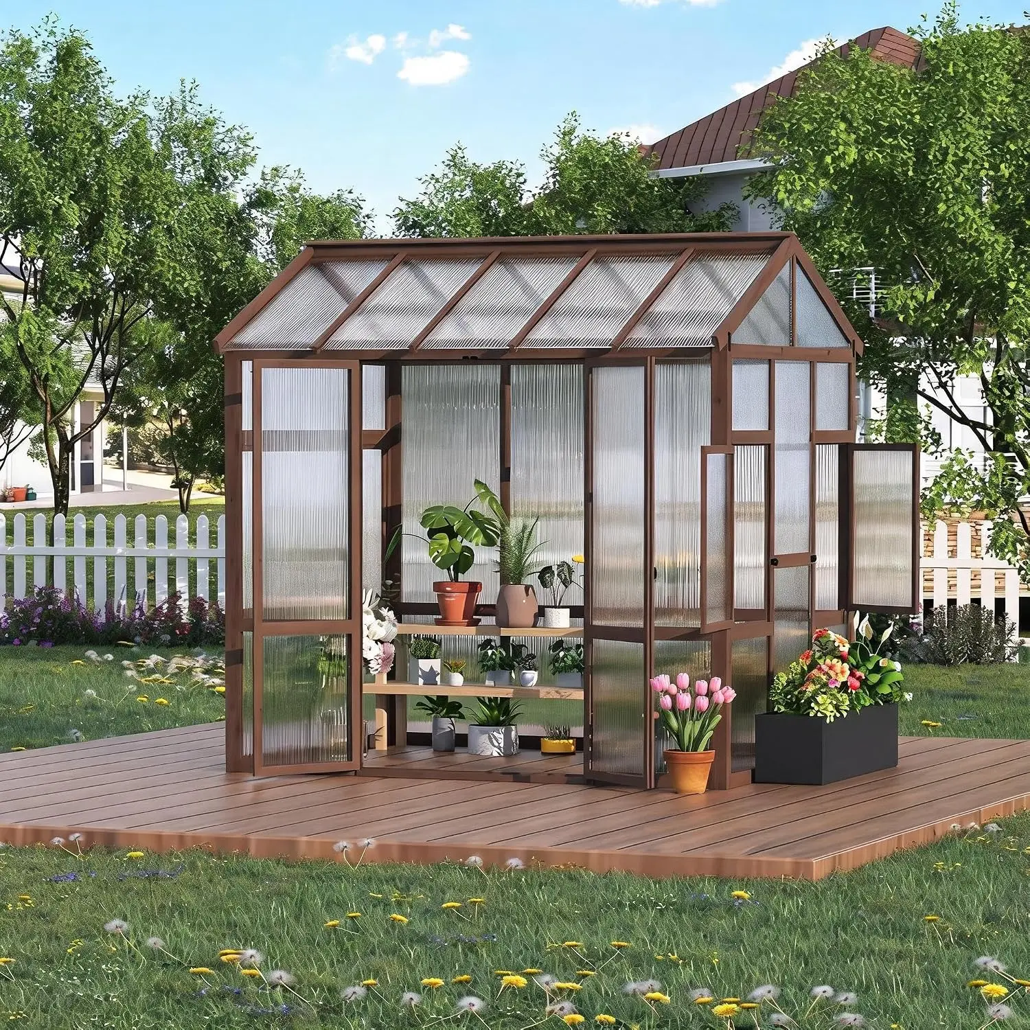 6x8 ft Heavy Duty Walk-in Wooden Greenhouse Kit, 6mm Polycarbonate Panels, Customized