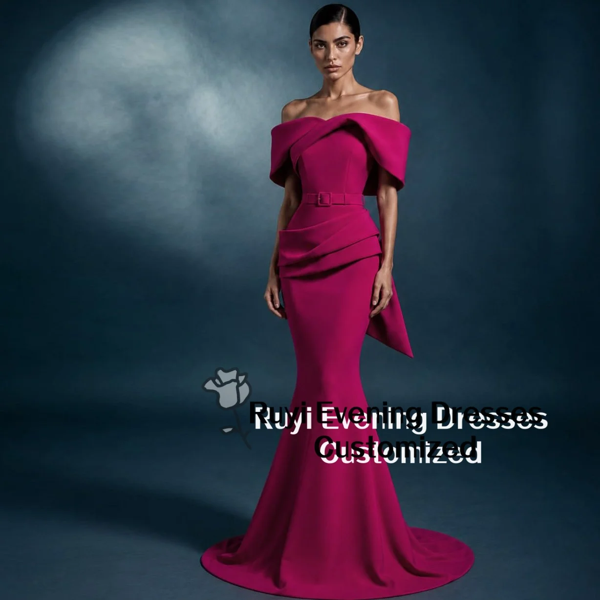 Vestido de Noche Formal Personalizado en Fucsia, Hombros Descubiertos, Cintura Drapeada, Cinturón, Cola de Sirena, Elegante Vestido de Fiesta