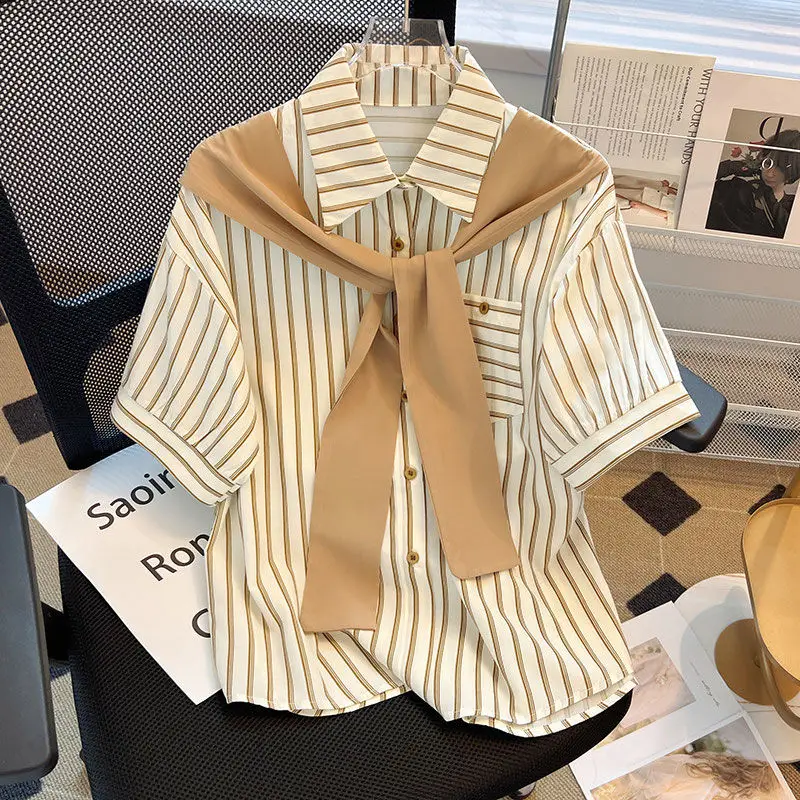 Summer Short Sleeve Striped Fake Two Pieces Shirts Women Clothing Vintage Casual Single Breasted Shawl Tops