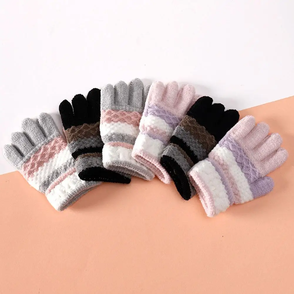 Winter Cute Striped Baby Warm Gloves Split-finger Kindergarten Boys Girls Kids Knitted Gloves For 3-8 Years Kids