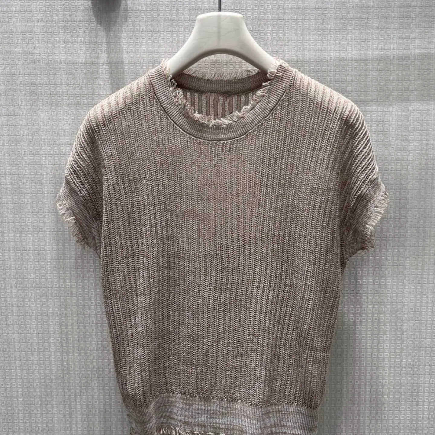 Women's Summer New Casual Frayed Hem Short Sleeve Breathable Openwork Knit Top Pullover