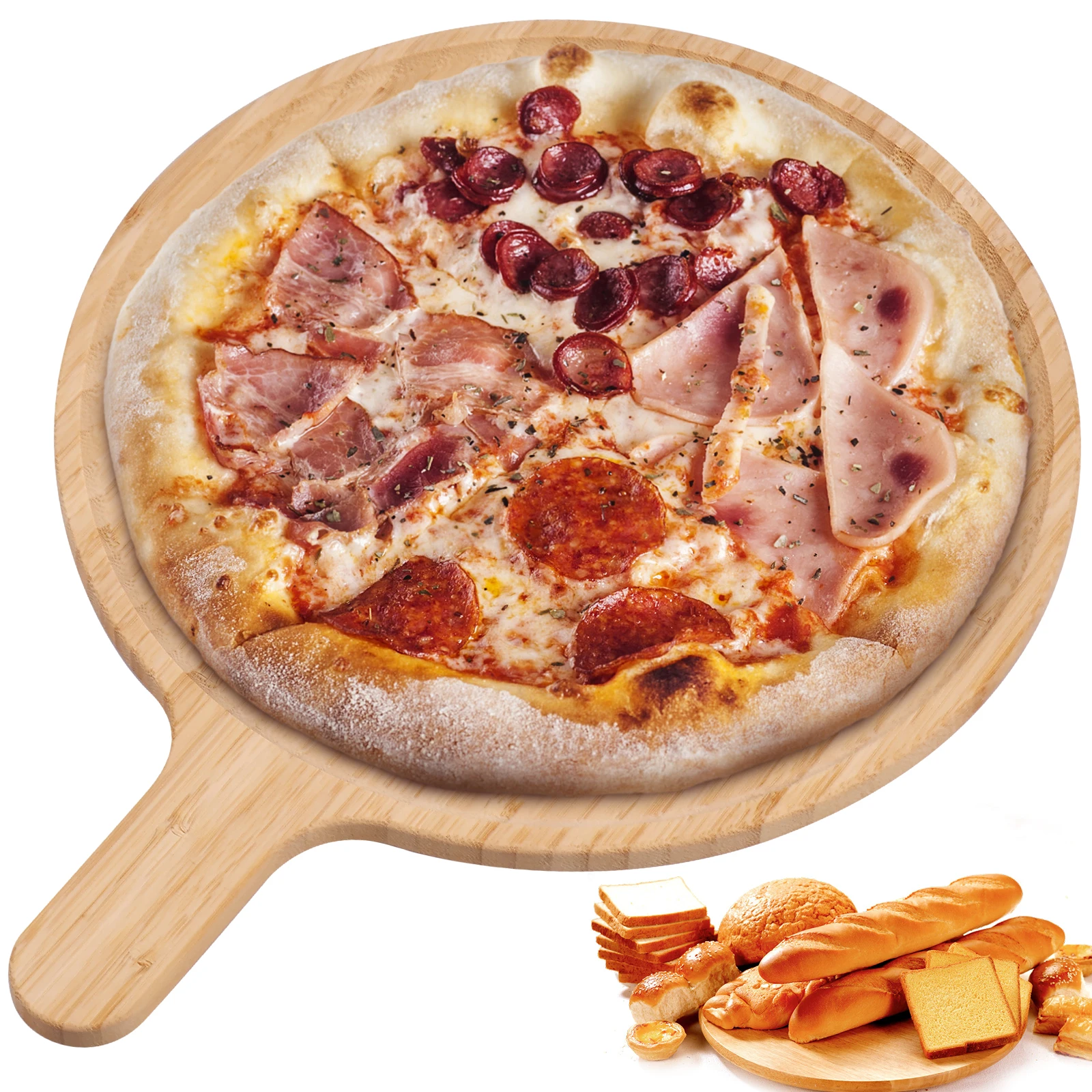 Wood Cutting Board Long Handle Wood Pizza Board Round Serving Board with Hanging Hole Multipurpose Wood Cheese Paddle for Home