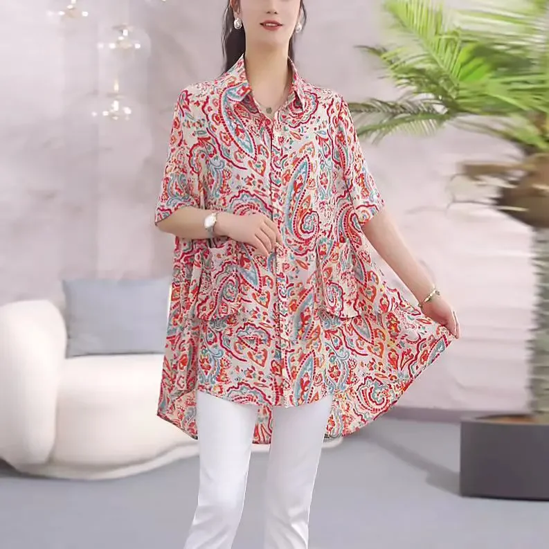 

Ladies Summer New Faion Loose Large Size Printed Chiffon Thin Snowflake Waistcoat Cover Butt Button Splice ort Sve irt