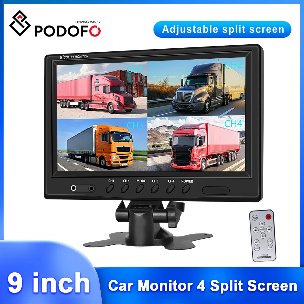 

Podofo 9'' TFT LCD Car Monitor Split Screen Quad CCTV Security Surveillance Car Headrest Rear View Monitor with 4 RCA Connectors