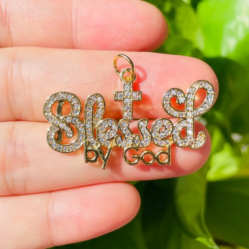 5pcs Gold-plated BLESSED BY GOD Religious Word Charm for Women Bracelet Making Letter Pendant Girl Necklace Jewelry Handcraft