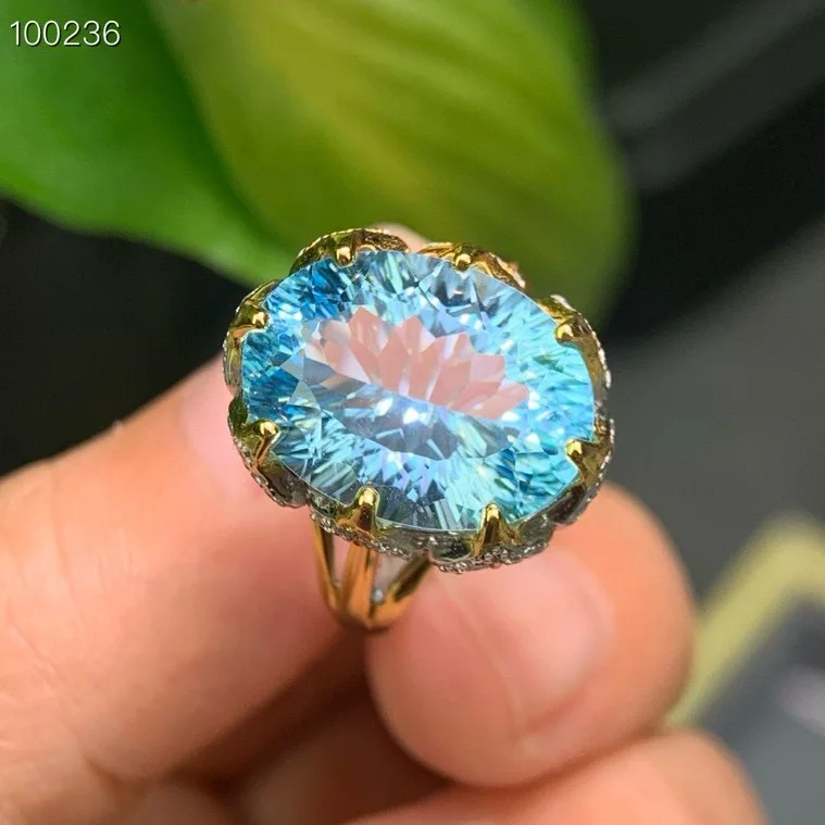 Natural Blue Topaz Statement Ring 925 Silver Two-tone Plated Baroque Style Handcrafted Oval Cut Cocktail Ring for Women