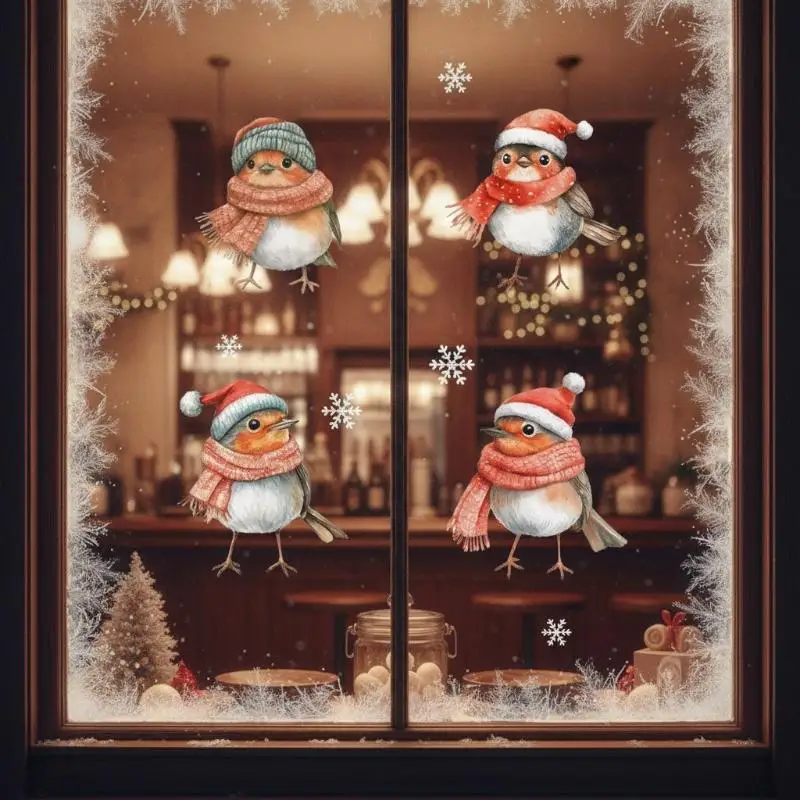 Christmas Robin Window Stickers Cute: Winter Hat Scarf Snowflake Patterns Xmas Home Decoration
