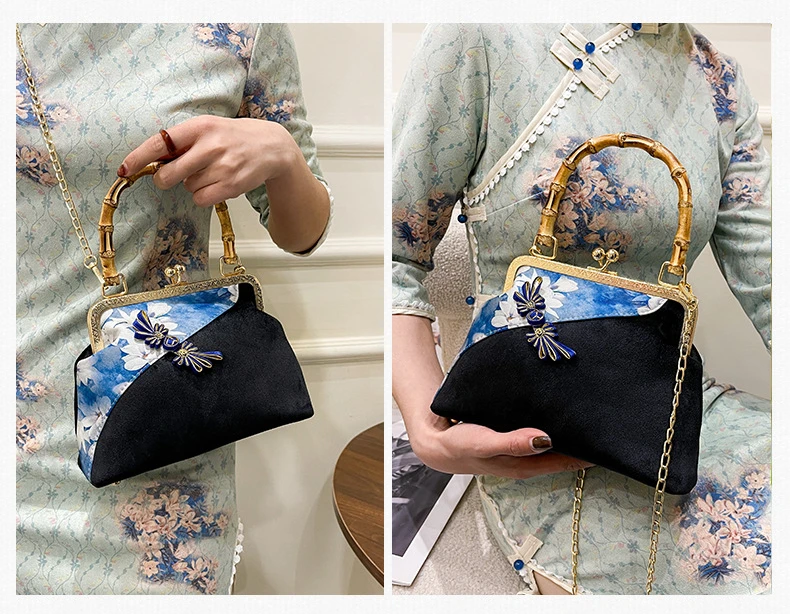 Handmade Female Chinese Traditonal Luxury Design Messenger Bag Lady Vintage Retro Chic Bamboo Handle Handbag for Hanfu Dress