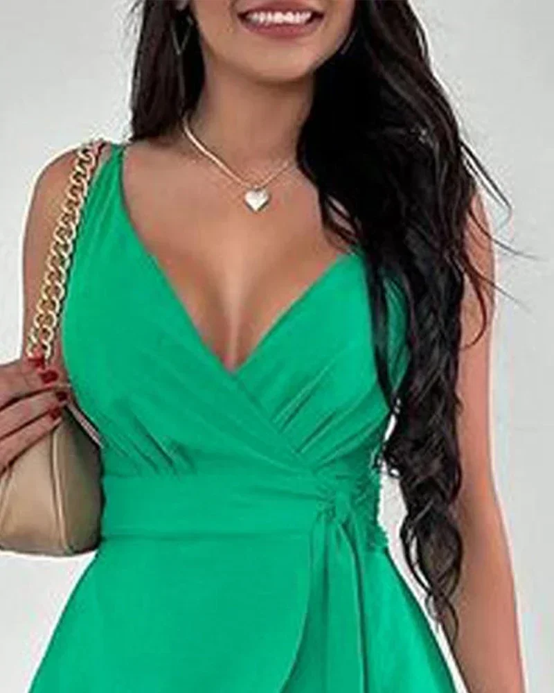 Women Fashion Sleeveless Solid Color Homewear Party Holiday Summer 2024 Playsuit V Neck Spaghetti Strap Tied Detail Romper