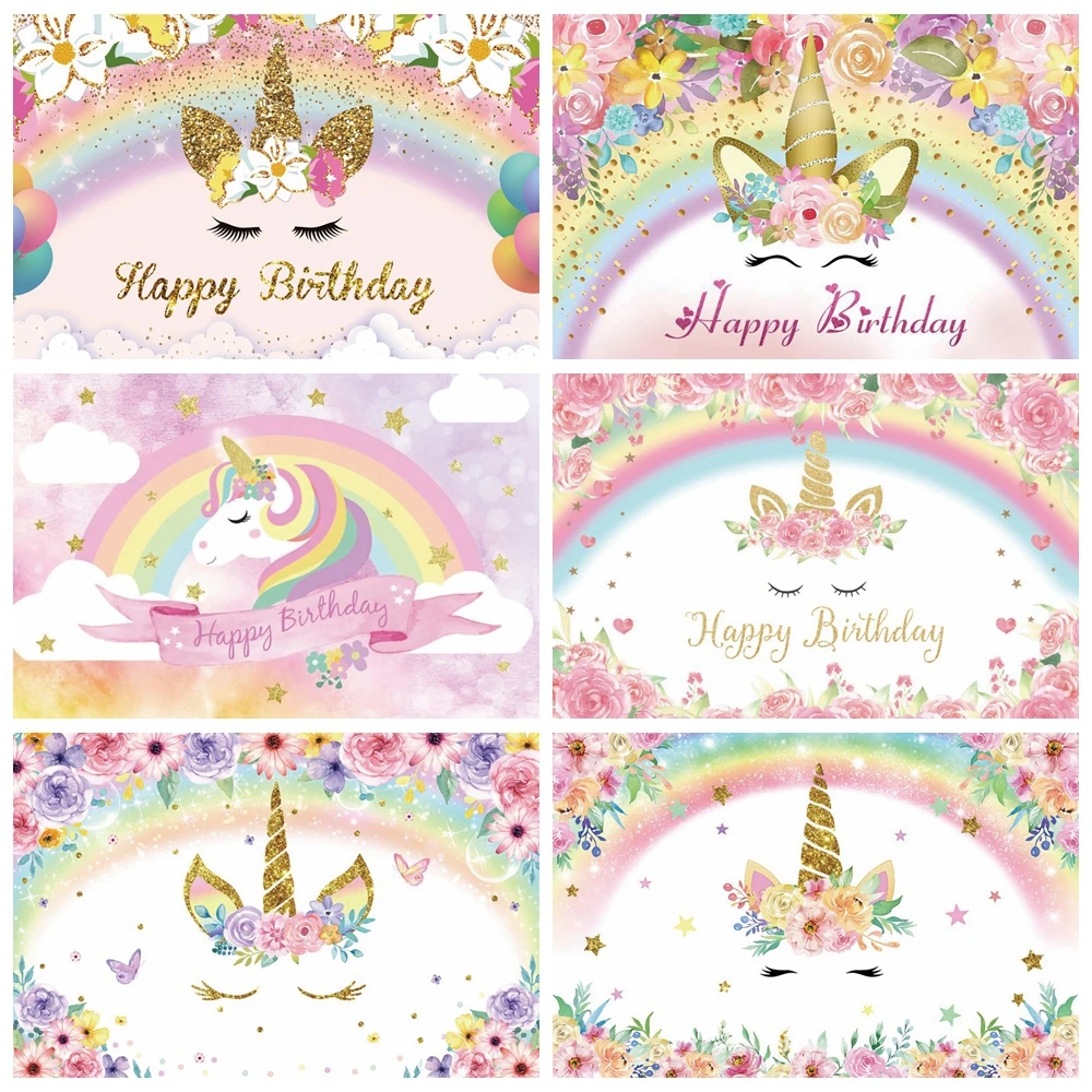 Unicorn Backdrop Girls Birthday Party Baby Shower Rainbow Clouds Princess Photography Background Cake Table Decor Banner Props