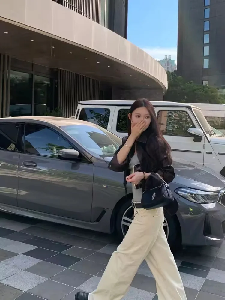 American Short Leather Jacket Women's Cool Cruel Wind Slimming Long Sleeves Zipper Motorcycle PU Jacket Top