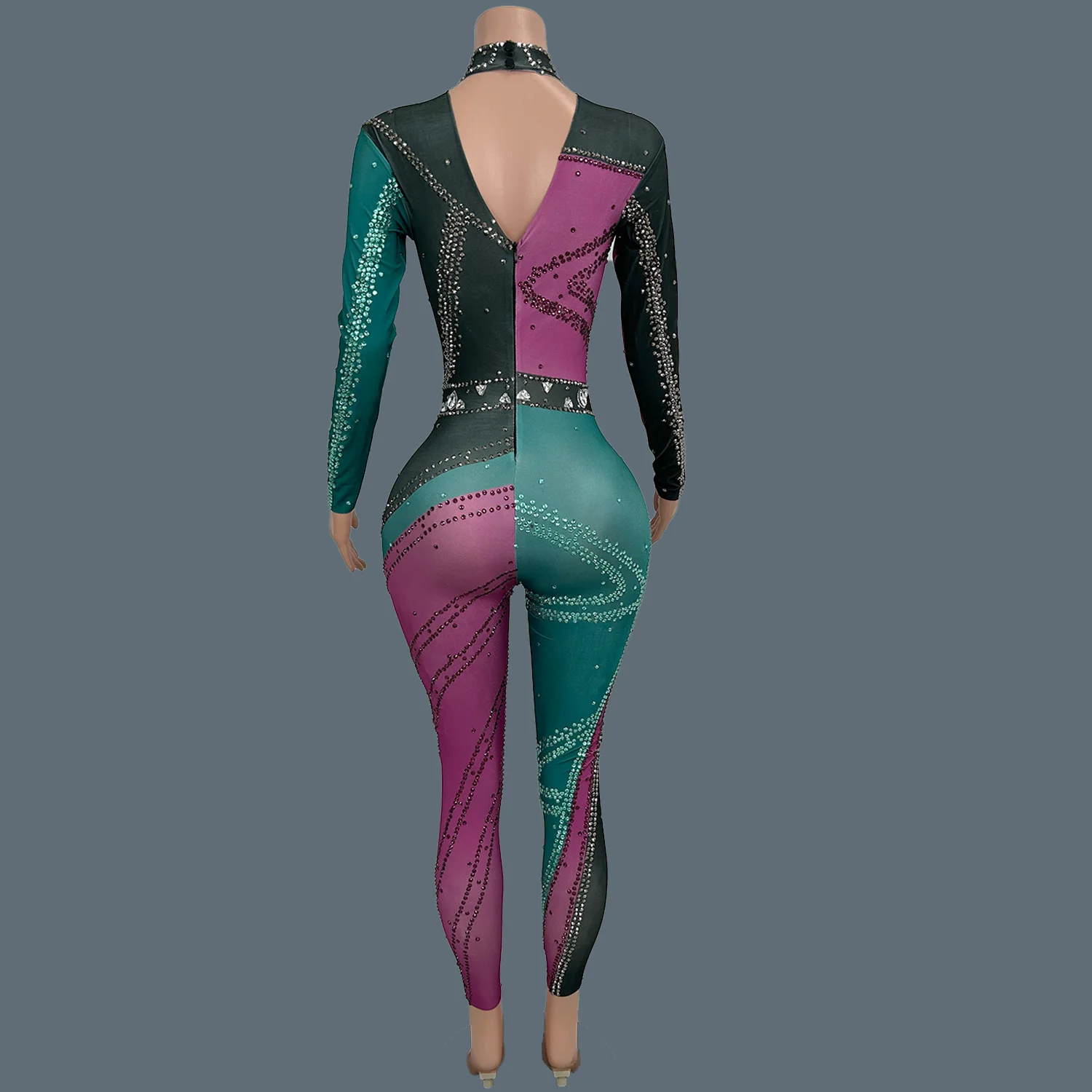 Nightclub Party Stage Performance Wear Rhinestone Spandex Elastic Tight Fitting Jumpsuit Festival Carnival Dance Outfit Zhuangse