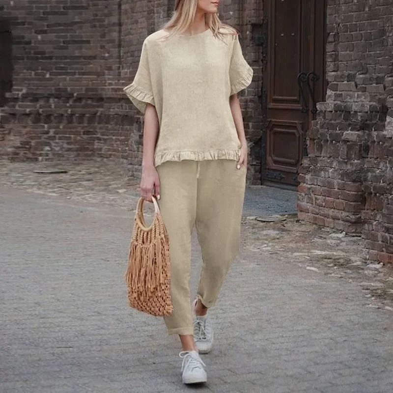 Conjuntos de pantalón de pierna ancha de lino elegante para mujer, blusa de manga corta con cuello redondo, Tops, conjunto de dos piezas, ropa femenina