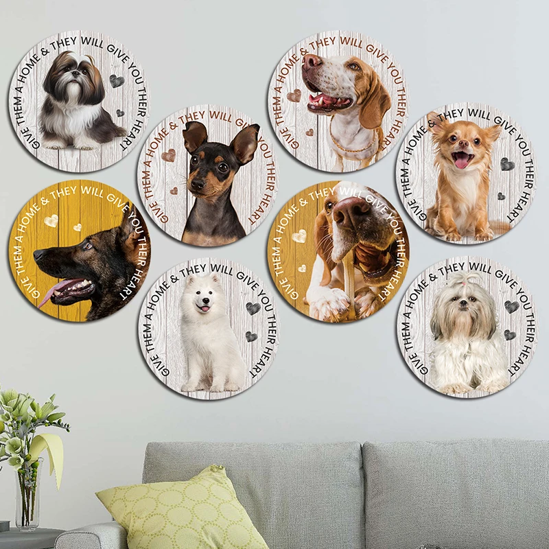 Cute Pet Dog Round Poster Metal Plate Lovely Shih tzu Poodle Pomeranian Metal Tin Signs Wall Decor Pet Shop Kennel House