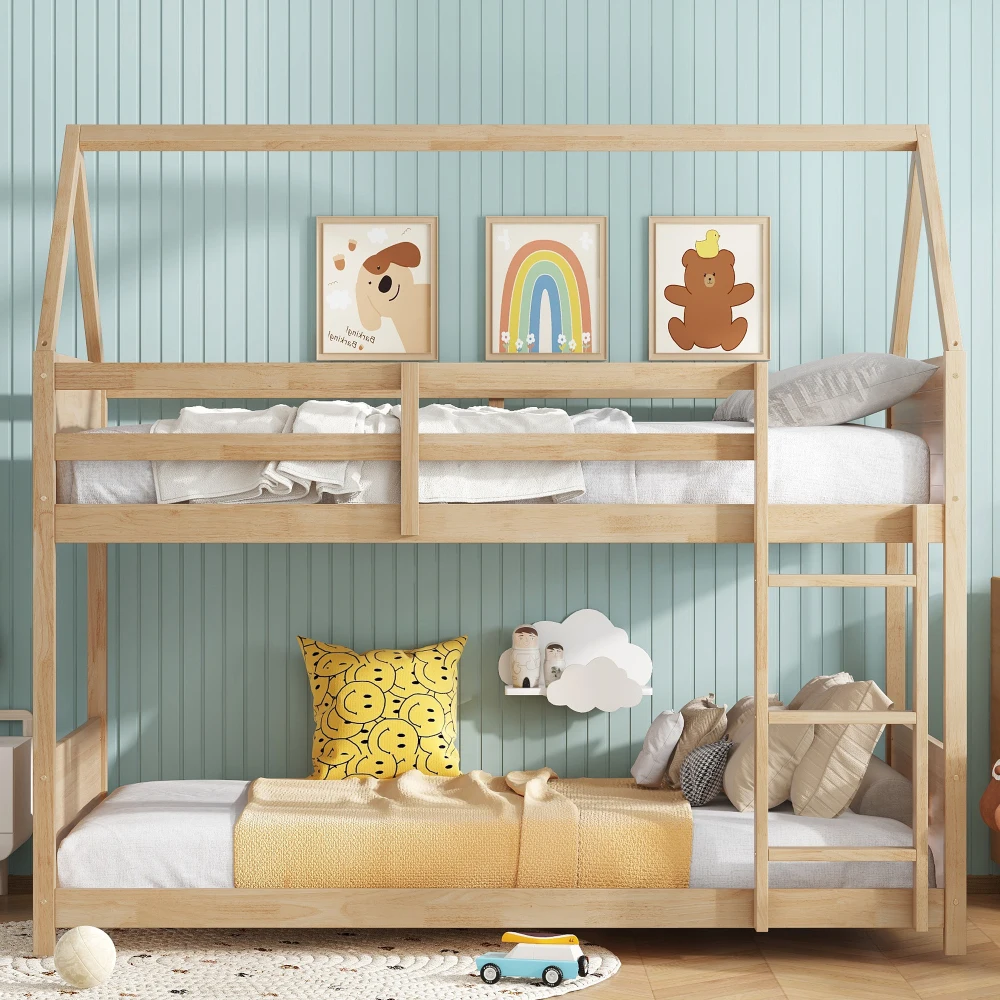 

Twin Over Twin House Floor Bunk Bed - Rubber Wood, Safety Guardrails, Ladder, White Oak