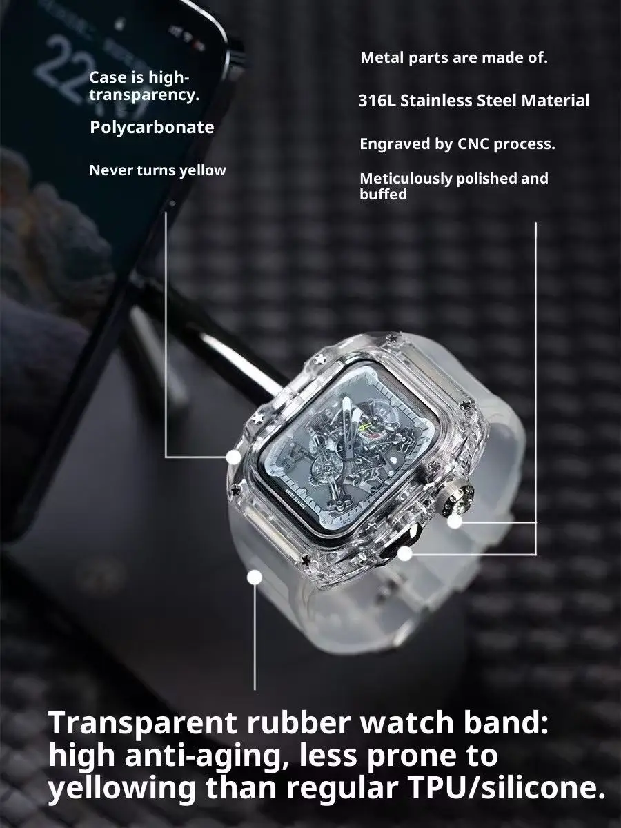 Ultra-Przezroczyste Etui Apple Watch 11 Modificowane na Styl Richard Transparent, Pasujące do Apple Watch Ultra 3, Pasek do Iwatch