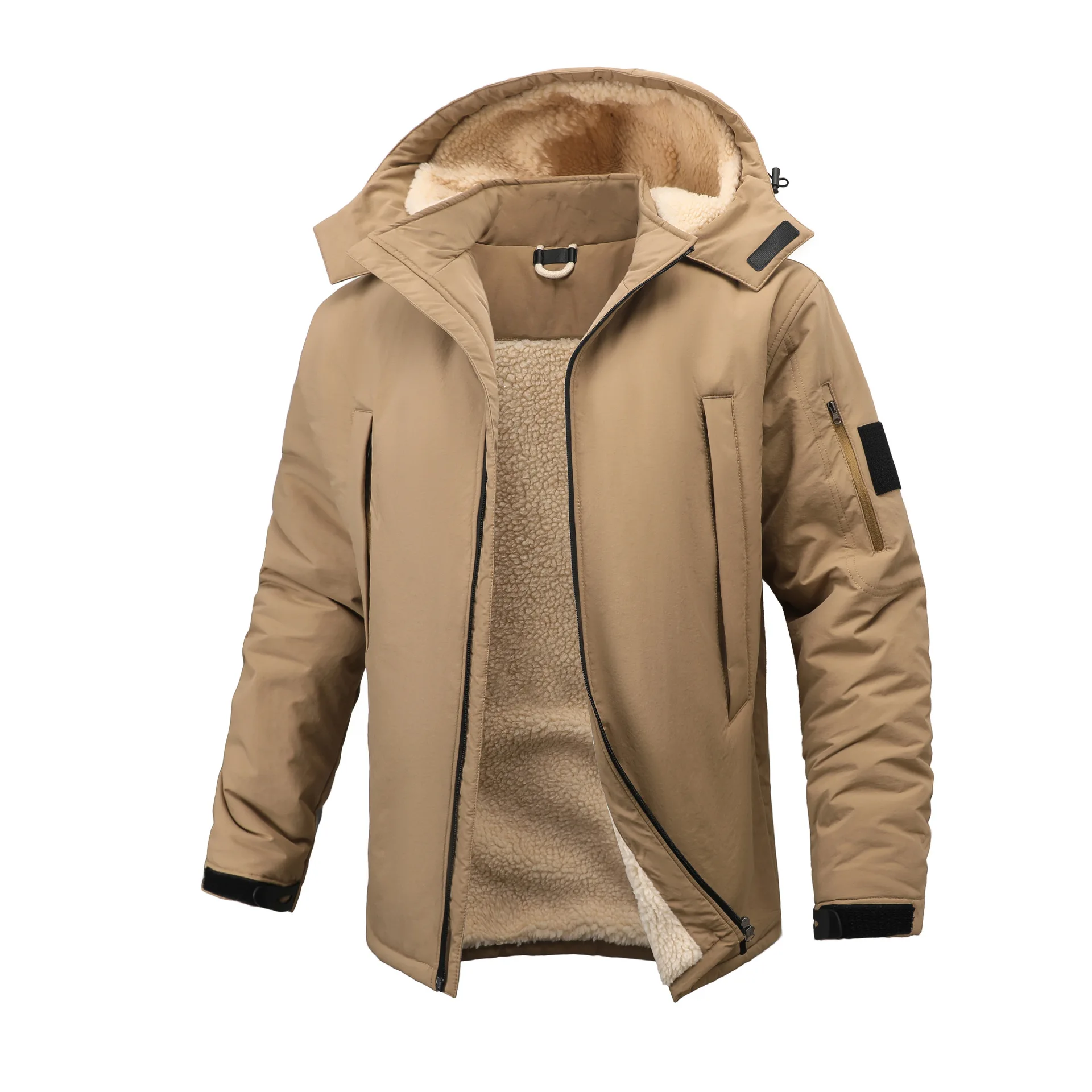 

Winter Man Plush Jacket Thicken Fleece Solid Color Male Cargo Outerwear Vintage Long Sleeve Windproof Men Hooded Coat