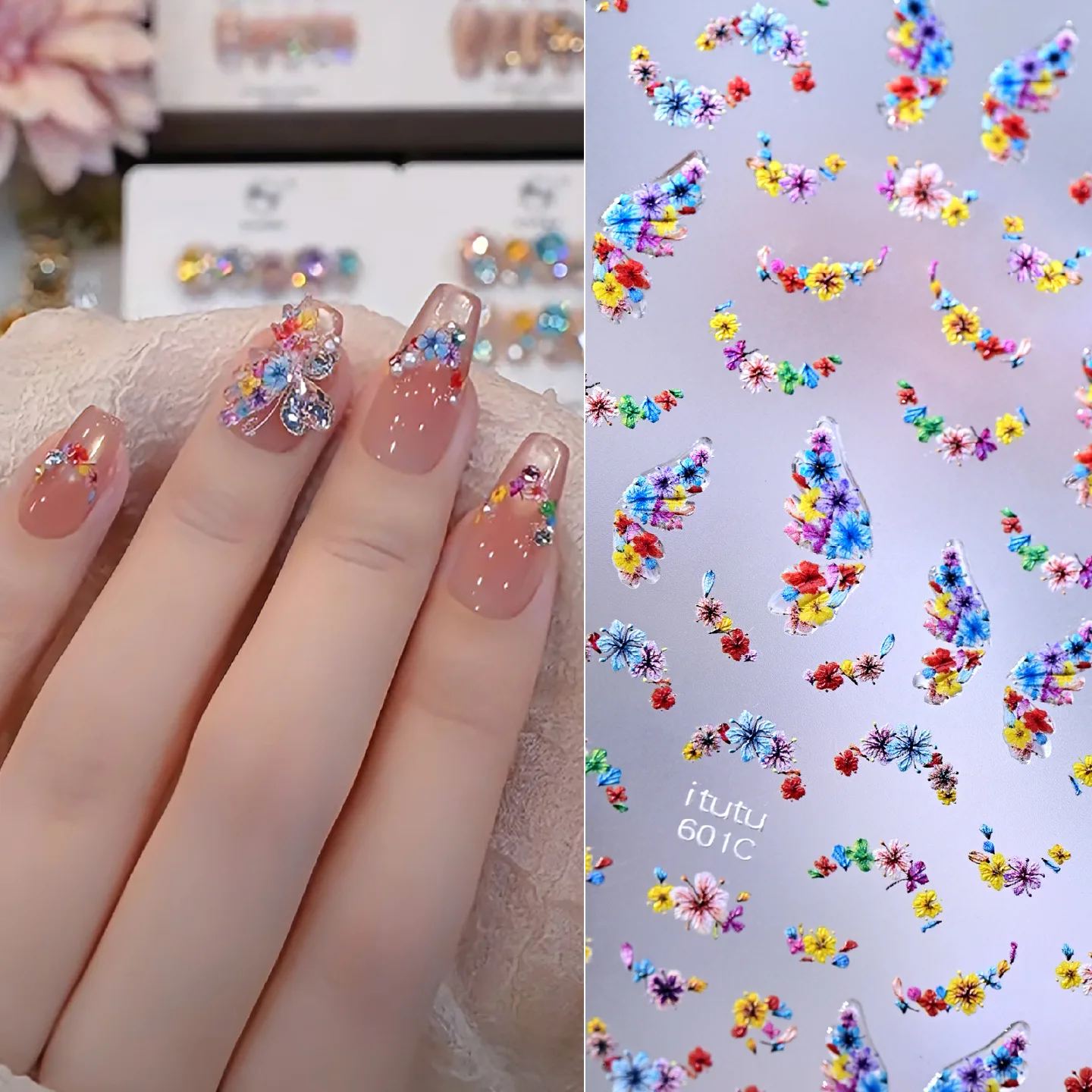 5D Embossed French Arc Simulated Dried Flowers Nail Stickers Summer Dopamine Cute Fresh Wild Florets Decals Manicure Accessories