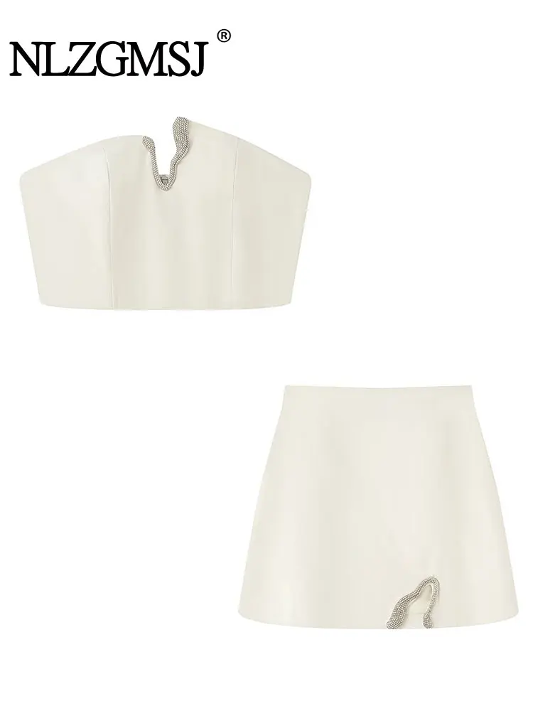 

NLZGMSJ 2025 летние повседневные комплекты с юбкой для женщин, модные дизайнерские топы с водяной дрелью, женский жилет, комплект из двух предметов, женская одежда