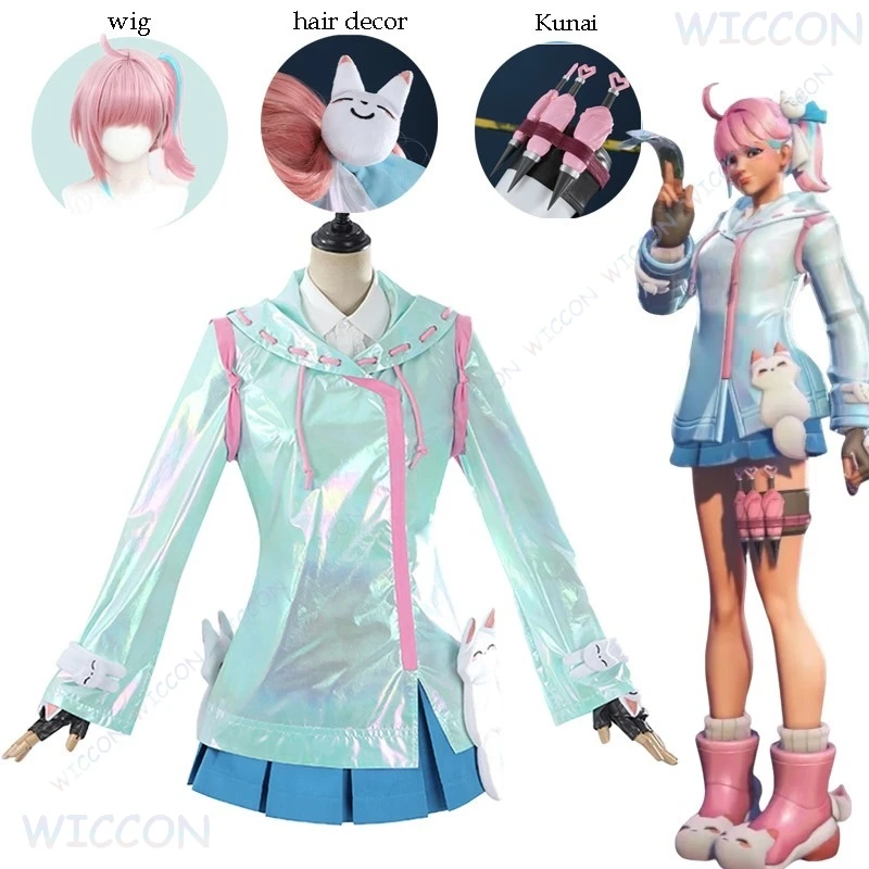 

Overwatch OW Rainy Day Kiriko's Cosplay Costume Game Raincoat Outfit Skin Blue Coat Skirt Cosplay Halloween Party Suit Uniform