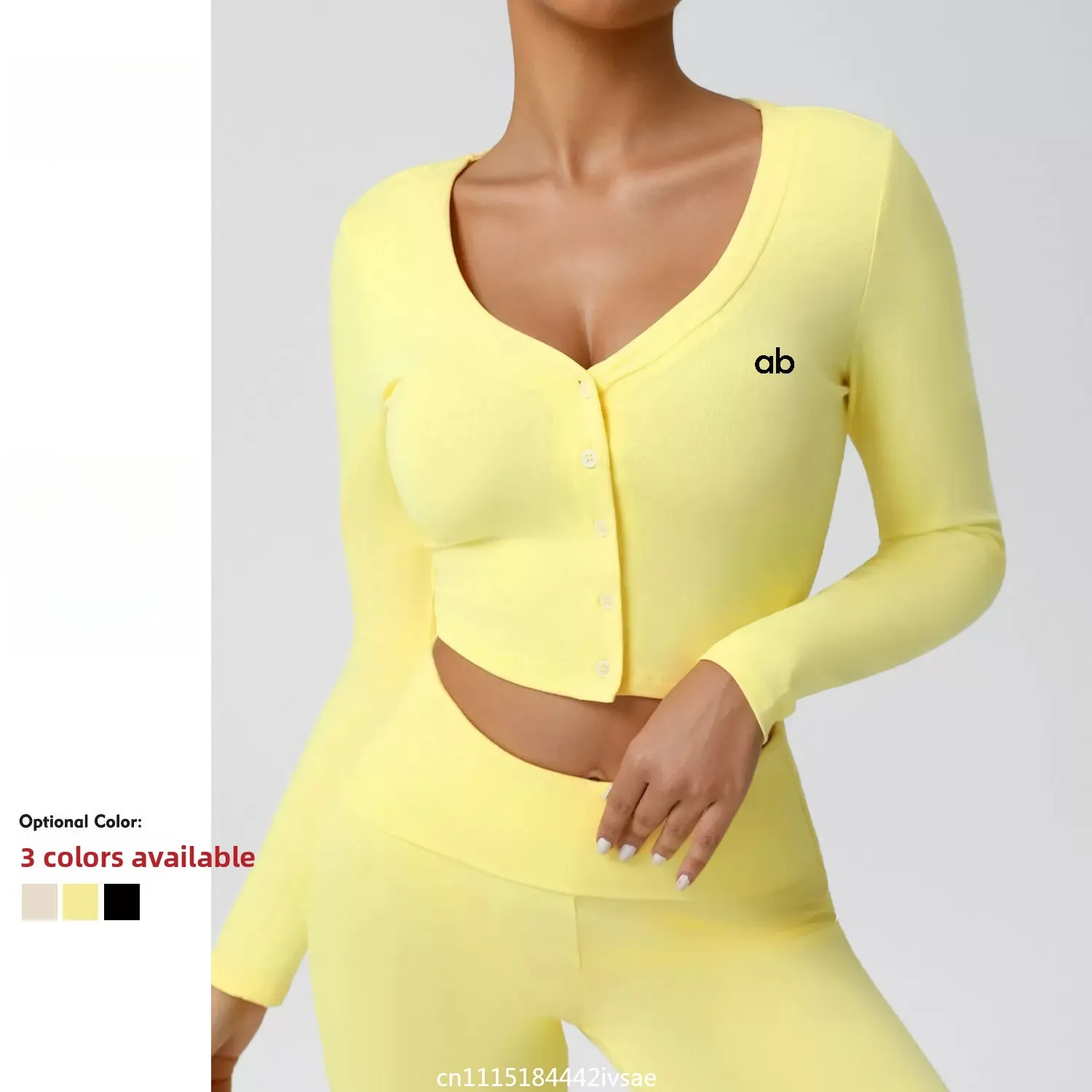 New Women Solid Color Long Sleeve Botton Sports Cardigan Outwear Slim Fit Workout Running T-shirts Top Thread V-neck Yoga Shirts