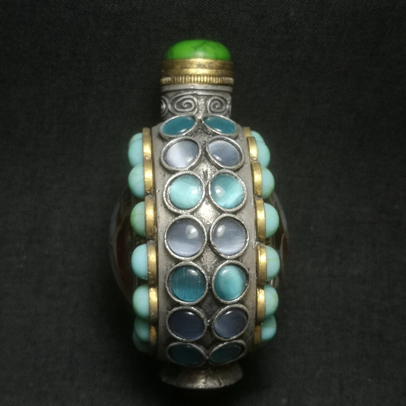 YIZHU CULTUER ART Size 7.8 x 6.4 cm Old Chinese Tibet Silver Inlay Jewelry Painting Belle Beauty Snuff Bottle