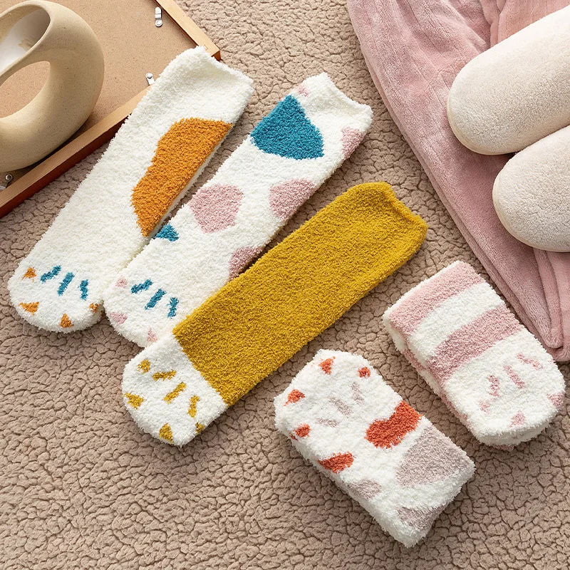 Sleeping Socks Children'S Winter Thickened Coral Velvet Socks Middle Tube Socks Japanese Cartoon Cat Paws At Home Monthly Socks