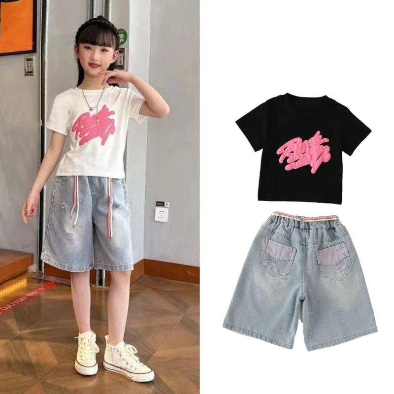 

2026 New Children Fashion Summer Clothing Set for Kids Girl Drawstring Ripped Denim Shorts And T-shirt 2 Pieces Clothes Suit