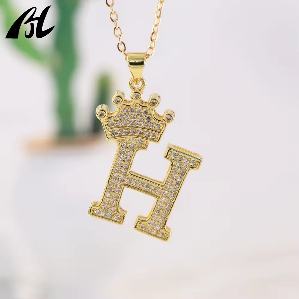 26 Letters A-Z Alphabet Iced Out Crown Gold Plated Hip Hop Initial Pendant Necklace