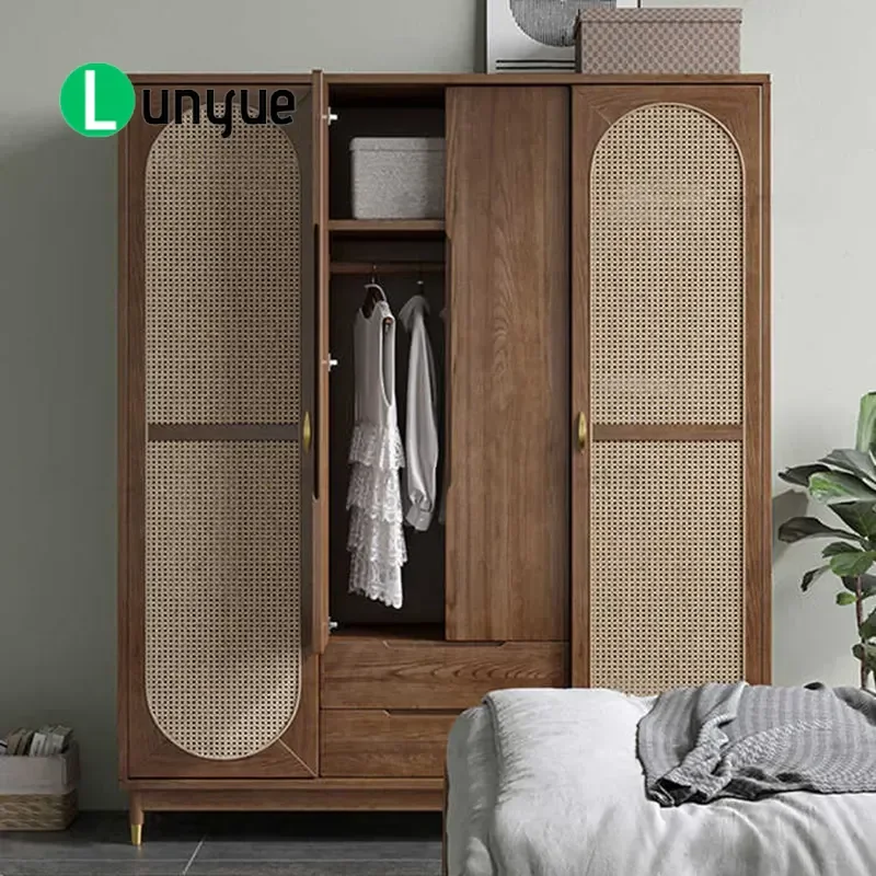 Nordic Solid Wood Ash Wardrobe Wabi Sabi Japanese Retro Rattan 4 Door Sliding Closet for Bedroom Home Furniture Storage