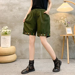 Plus size Commute Summer Thin Cotton Elastic Pants Women's Solid Spliced Pockets Epaulet Loose Straight Casual High Waist Shorts