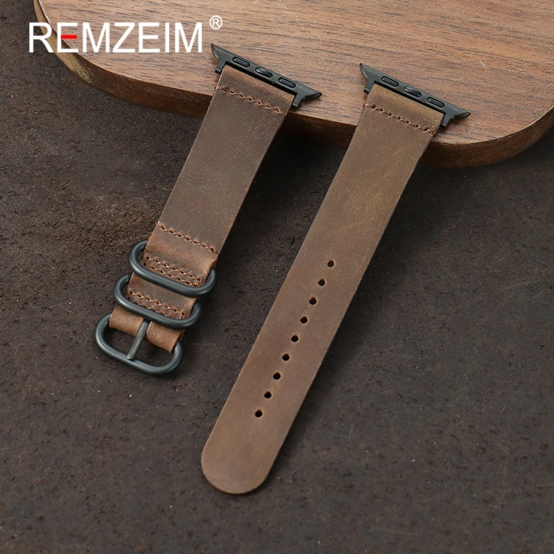 Men Cow Leather Band for Apple Watch 1-11 SE Ultra 3 2 Black Buckle Vintage Strap for Iwatch 49/46/45/44/42/41/40/38mm