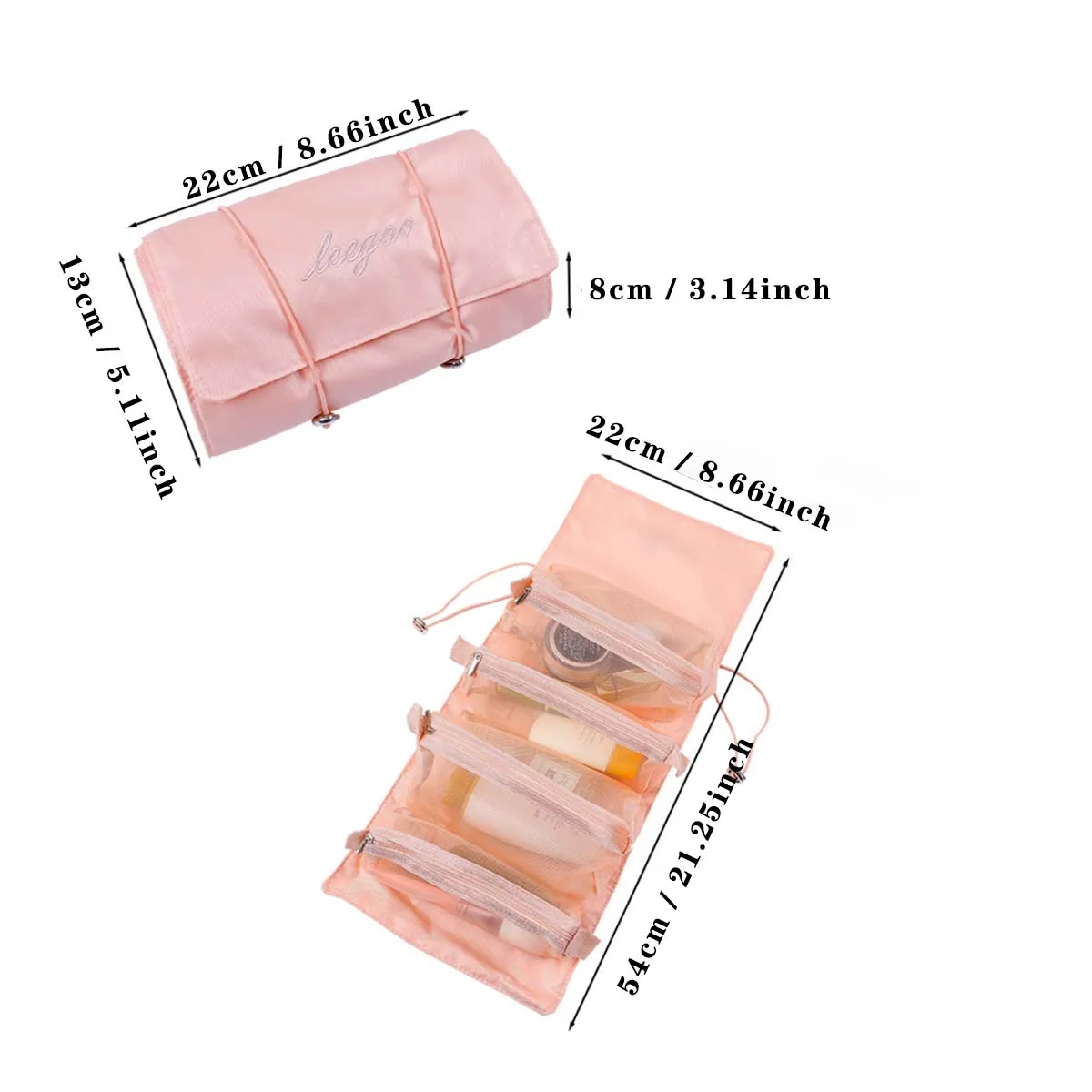 Portable Hanging Makeup Roll Bag Mesh Make Up Bag Toiletry Makeup Brushes Storage 4 in 1 Multifunctional Removable Makeup Bag,