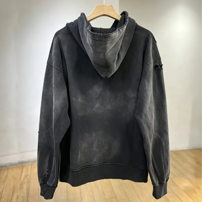 Y2K Hiphop Street Blank Jacket Vintage Distressed Washed Worn Black Saint Zipper Hoodie Men Women Fleece Oversize Hoodys
