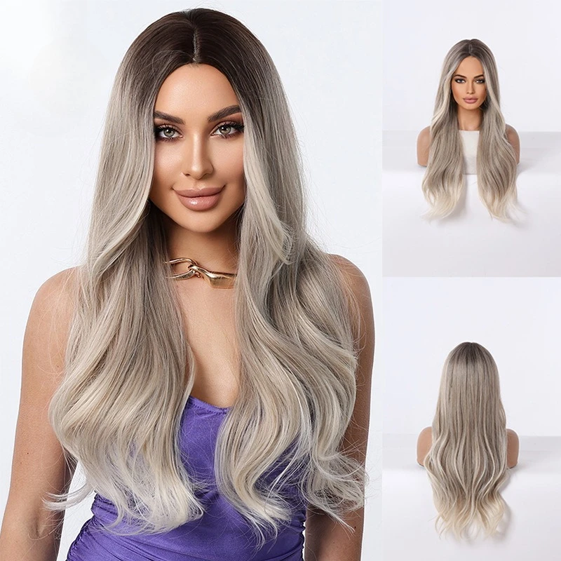 

European and American wigs hot-selling gray gold gradual change long curly wigs, big wave chemical fiber wigs