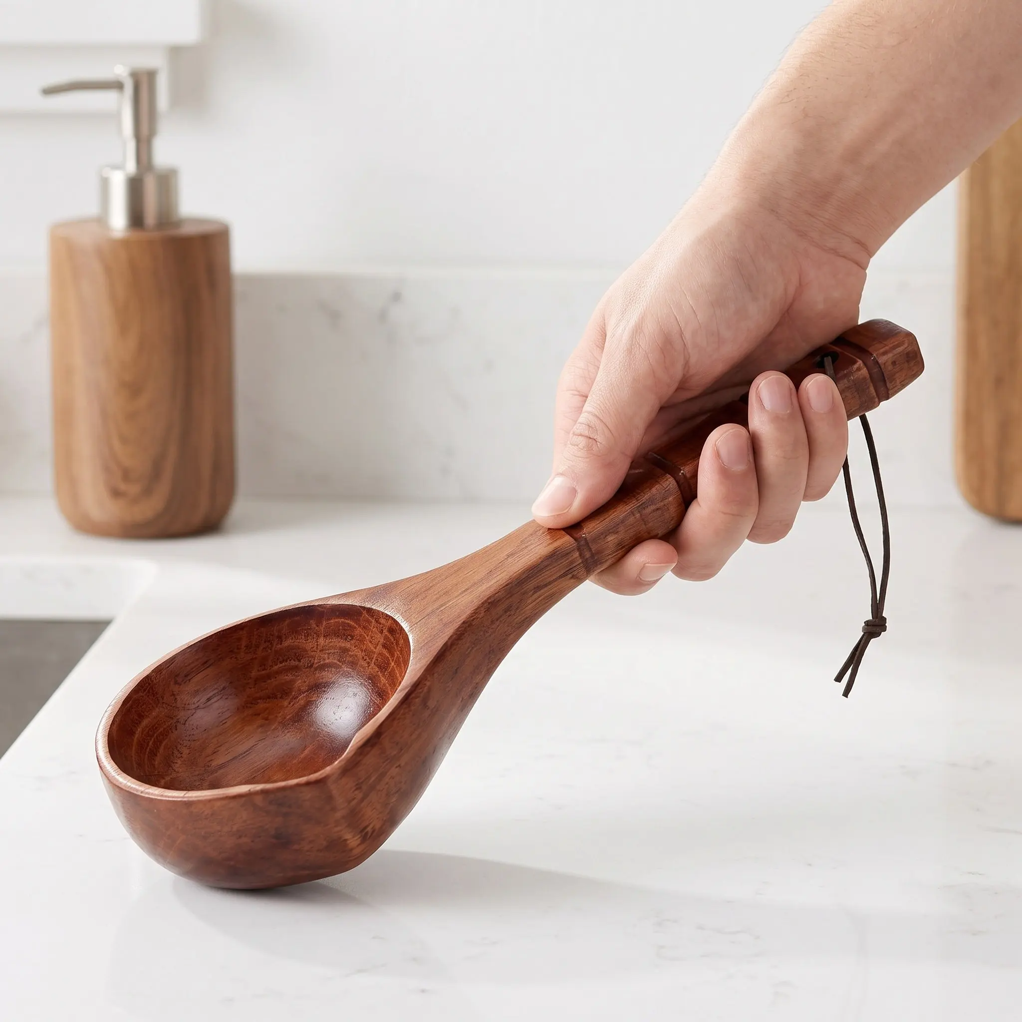 Long Handle Wooden Water Scoop Traditional Chinese Craftsmanship Bath Ladle Shower Scoop Garden Water Dipper Kitchen Sauna