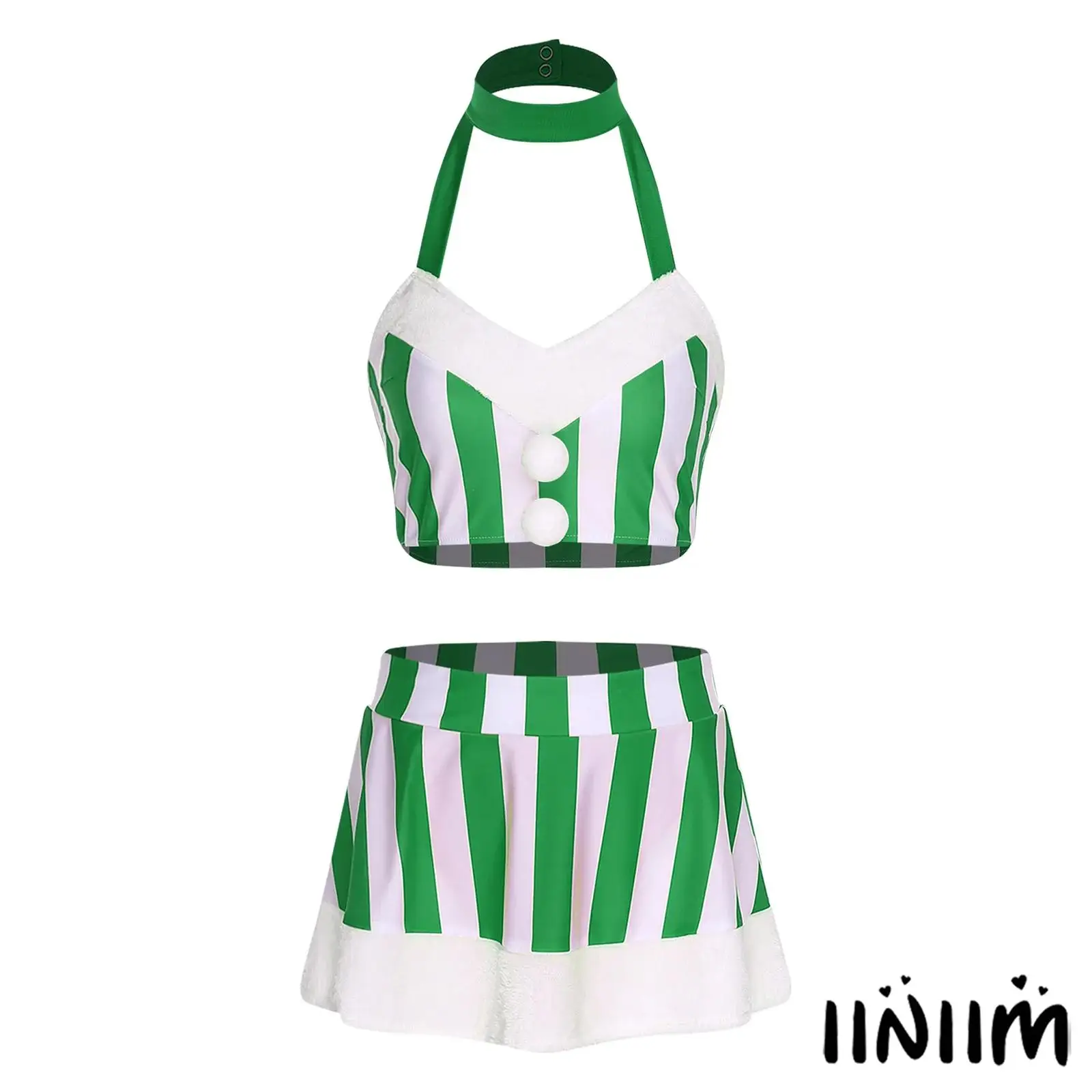 

Womens 2-Piece Christmas Mrs Santa Costume Pompom Decor Halter Striped Crop Top And Miniskirt Set Xmas Parties Style Lingerie
