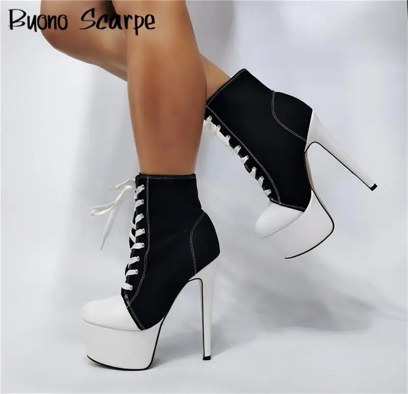 

Холщовые разноцветные лоскутные ботинки с круглым носком на толстой подошве и платформе, женские ботинки на очень высоком каблуке, новая популярная сексуальная обувь в стиле вестерн на шнуровке