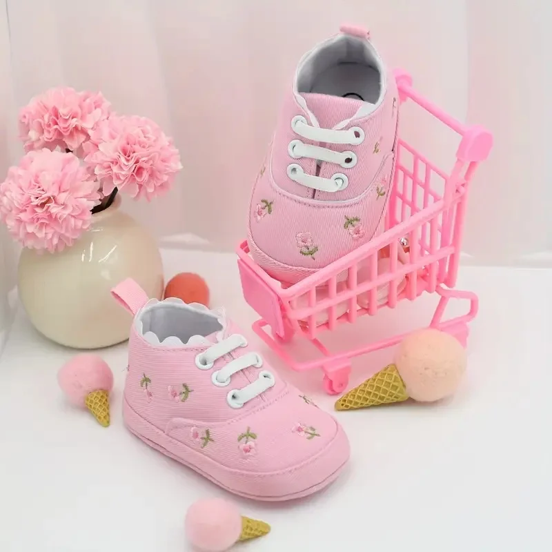 Zapatos para caminar con estampado de flores adorables para niña, cómodos, antideslizantes, informales, adorables, con cordones, para actividades al aire libre infantiles