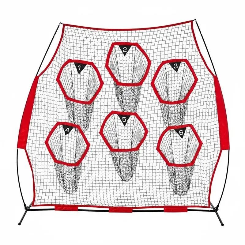 Filet de lancer de football 8 x 8 pieds, filet d'entraînement de précision avec 6 poches cibles, filet sans nœuds avec sangles et sac de transport portable, améliore la précision des lancers du QB, rouge